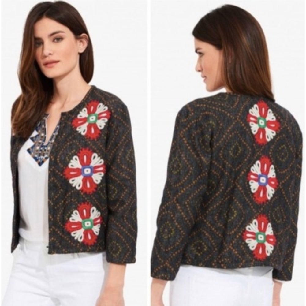 ROBERTA ROLLER RABBIT Embroidered Wool Blend Open Jacket Charcoal Grey XS/S